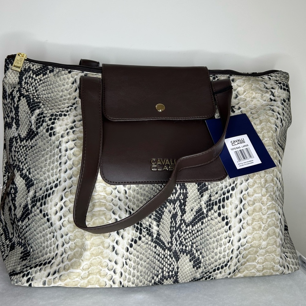 Cavalli Class Large Weekend Tote Bag Python Nylon Logo  Vegan Leather NWT